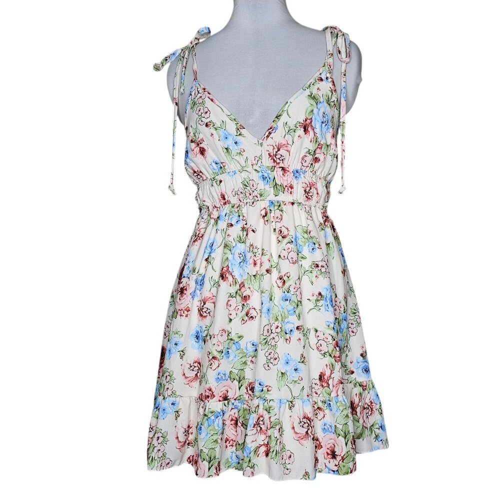 Altar'd State S Cream Floral Mini Babydoll Dress Tie Shoulder Ruffle Hem Cottage